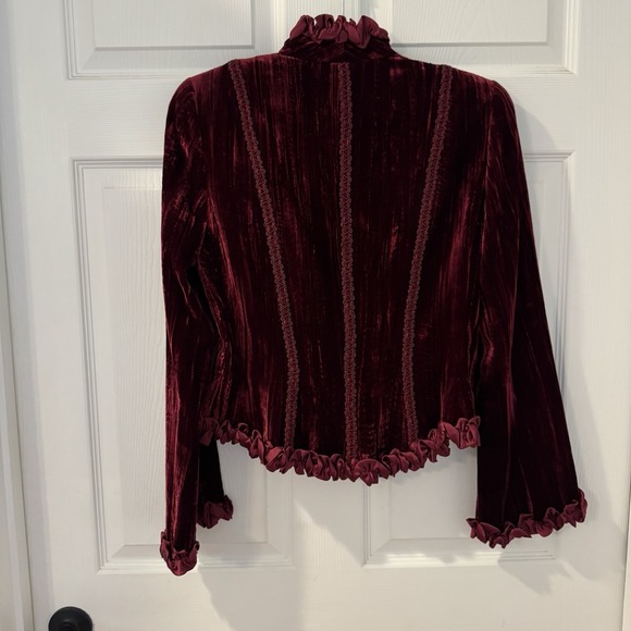 Carmen Marc Valvo Silk-blend Burgundy Velvet Jacket Women's Size 8 Ruffles - Picture 4 of 10